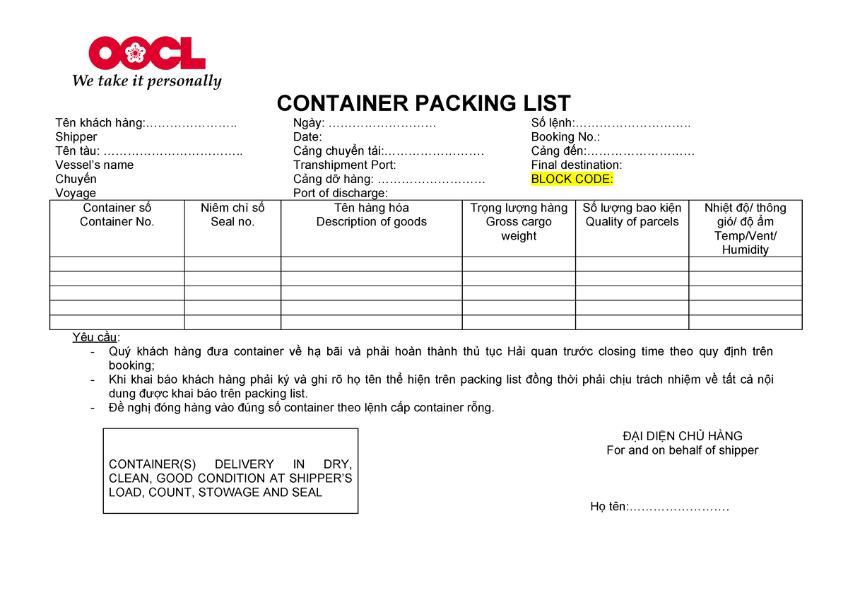 Container Packing list CONTAINER PACKING LIST Tên khách hàng Shipper