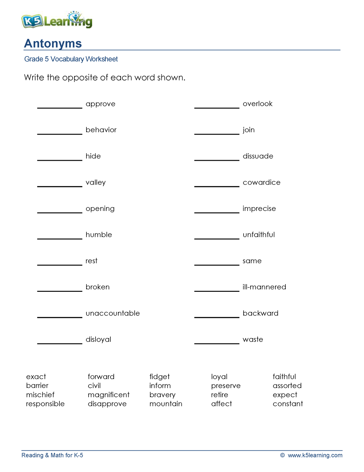 5th grade antonyms 2 - Reading & Math for K-5 © k5learning Antonyms ...