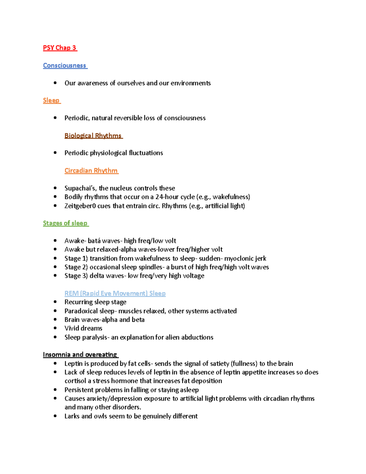 PSY Chap 3 Notes - PSY Chap 3 Consciousness Our awareness of ourselves ...