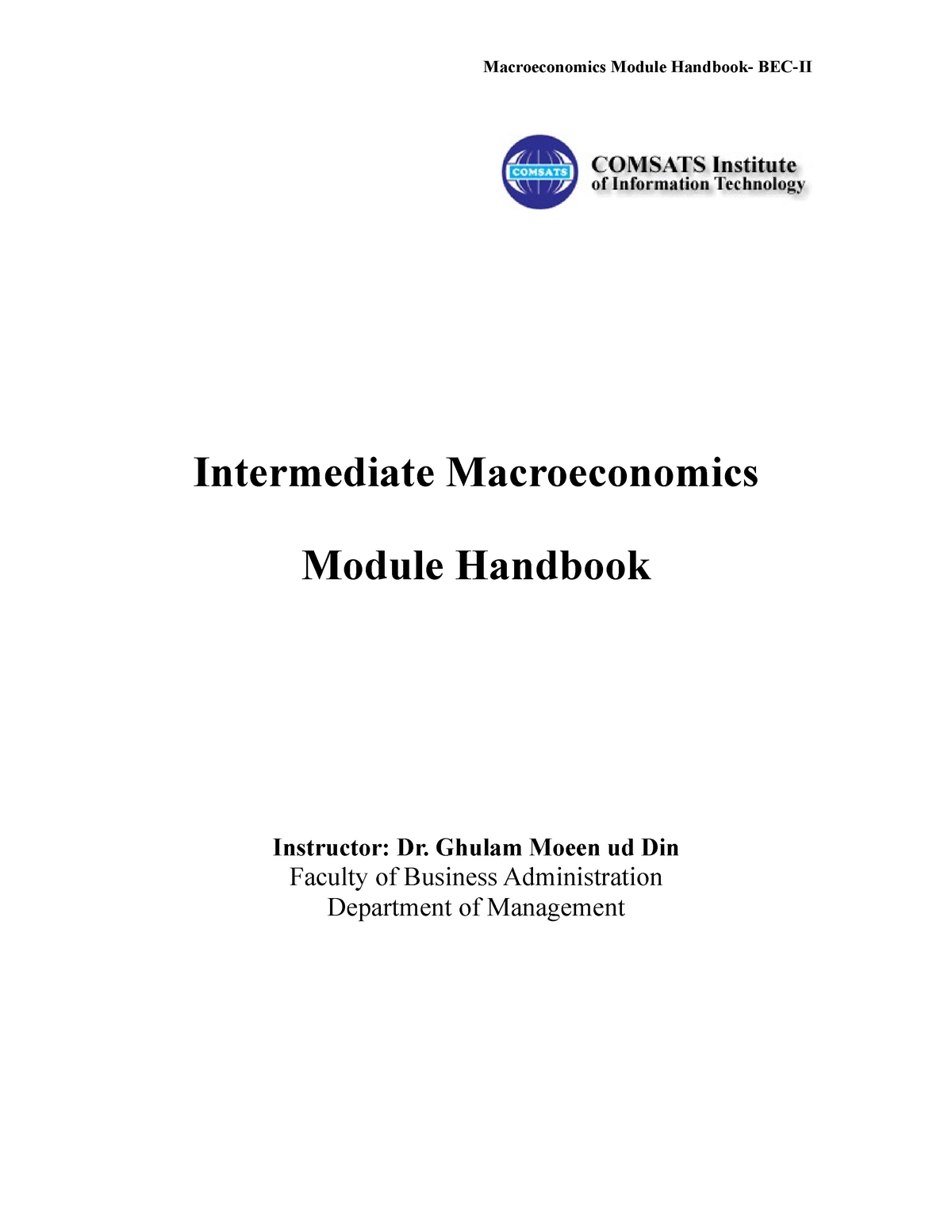 03. Course Outline, Macroeconomics BBA-II - Intermediate Macroeconomics ...