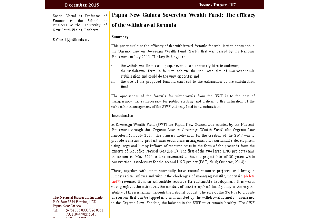 Issues paper 17 PNGs SWF the efficacy of the withdrawal formula final 1 ...