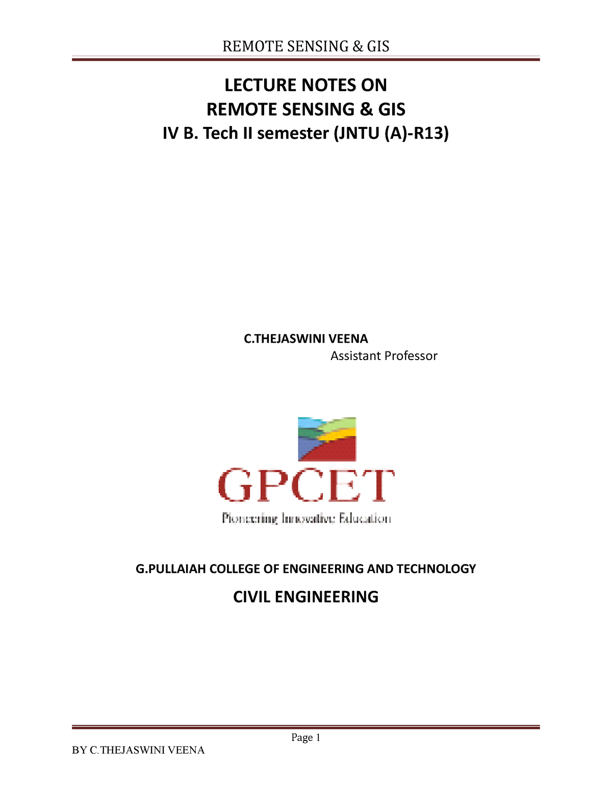 UNIT 2 LECTURE NOTES ON REMOTE SENSING GIS IV B. Tech II