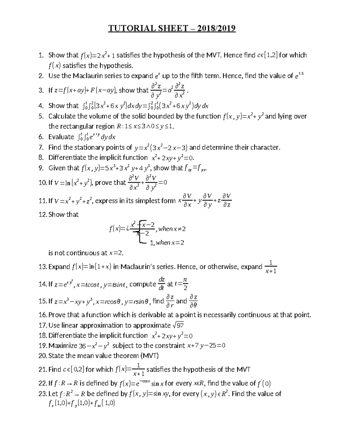 MTH 3103 1819 tutorial sheet - TUTORIAL SHEET – 2018/ 1. Show that f ...