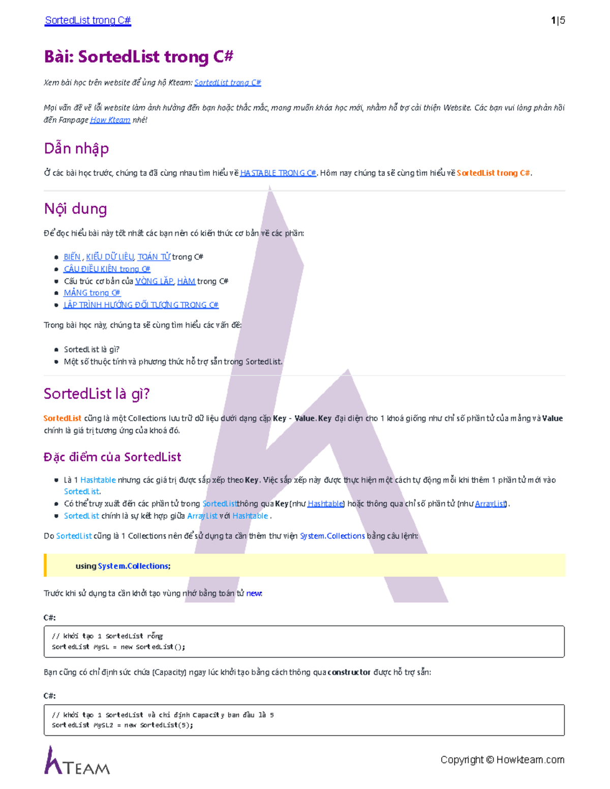 Howkteam.VN - Sorted List trong C# - Bài: SortedList trong C# Xem bài ...