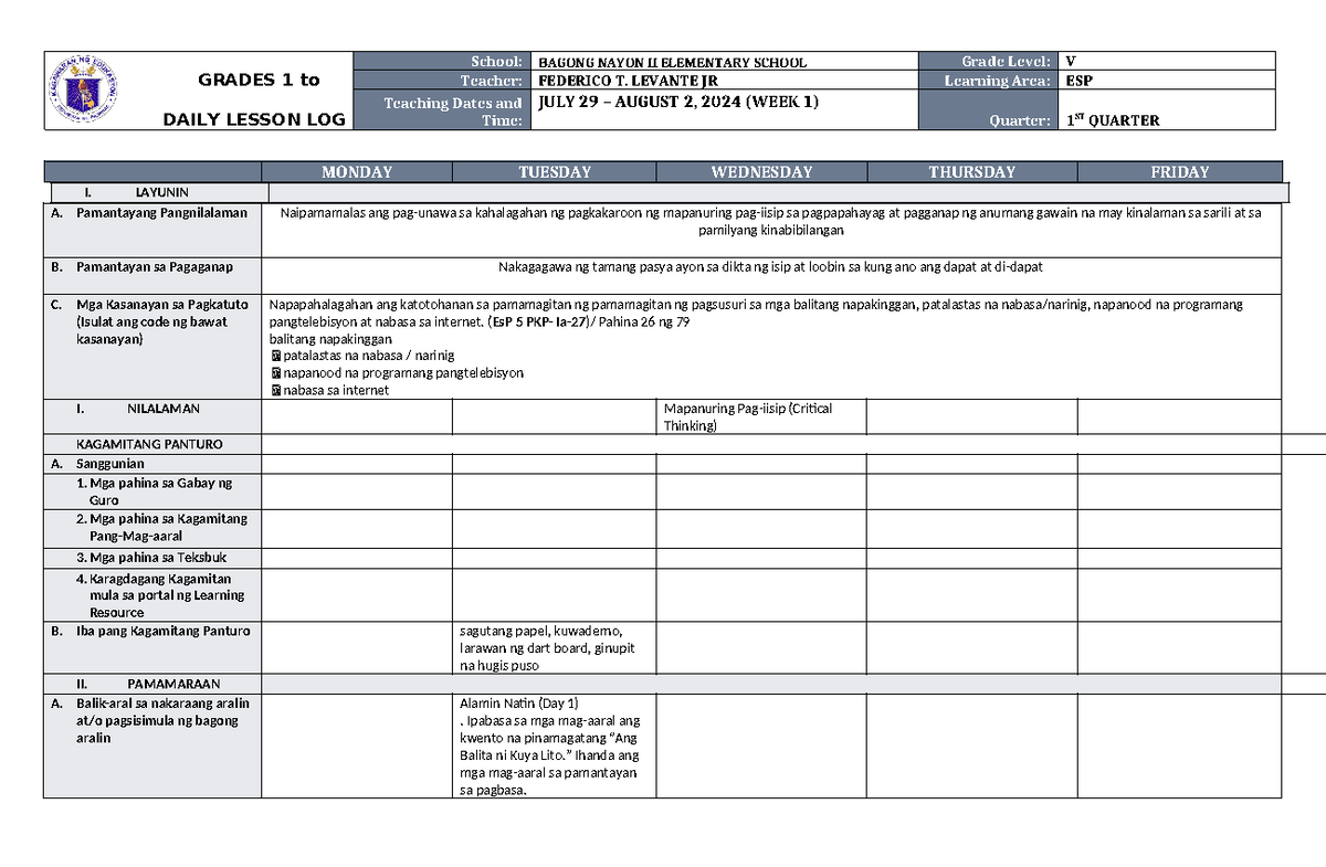 DLL ESP-5 Q1 W1 - ARTS 5 FOR GRADE 5 - GRADES 1 to 12 DAILY LESSON LOG ...