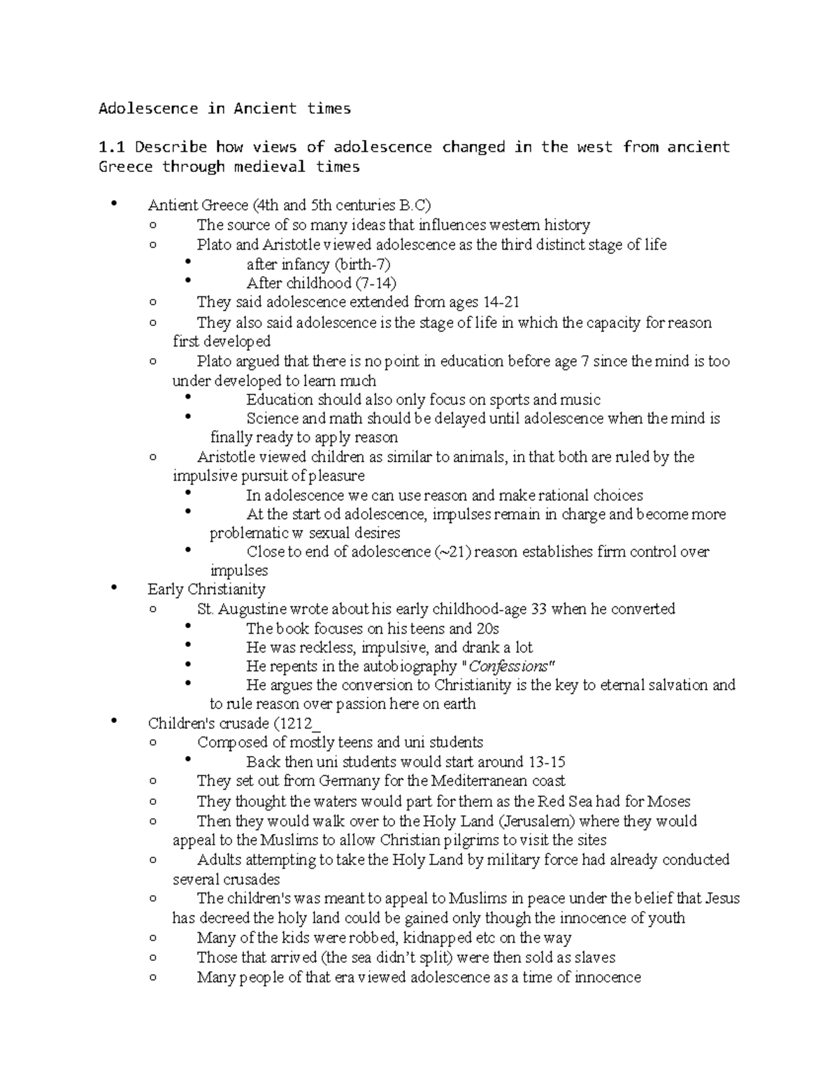 Intro ch1 - Lecture notes 1 - Adolescence in Ancient times 1 Describe ...