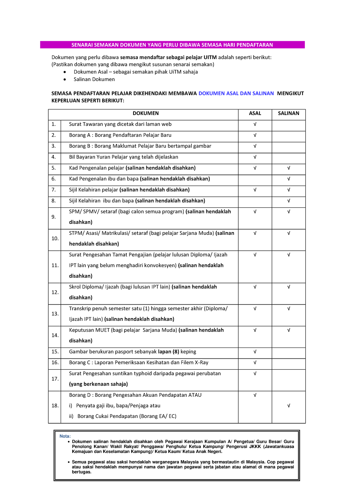 Senarai Semakan Dokumen YANG Perlu Dibawa Semasa HARI Pendaftaran ...
