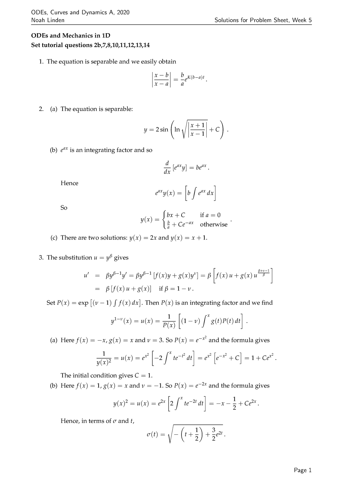 ODECD - week 5 -solutions - ODEs, Curves and Dynamics A, 2020 Noah ...