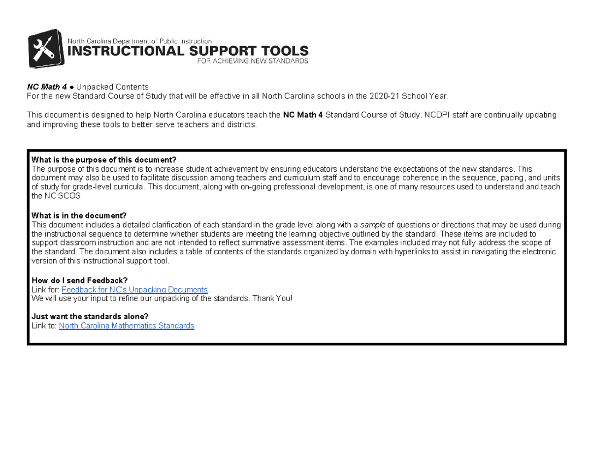 NC Math 4 Unpacking Rev June 2022 NC Math 4 Unpacked Contents
