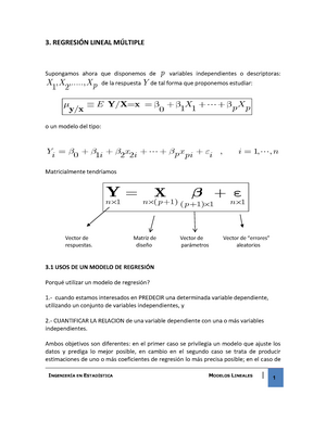 Regresion Lineal Multiple - 3. REGRESIÓN LINEAL MÚLTIPLE Supongamos ahora  que disponemos de p - Studocu