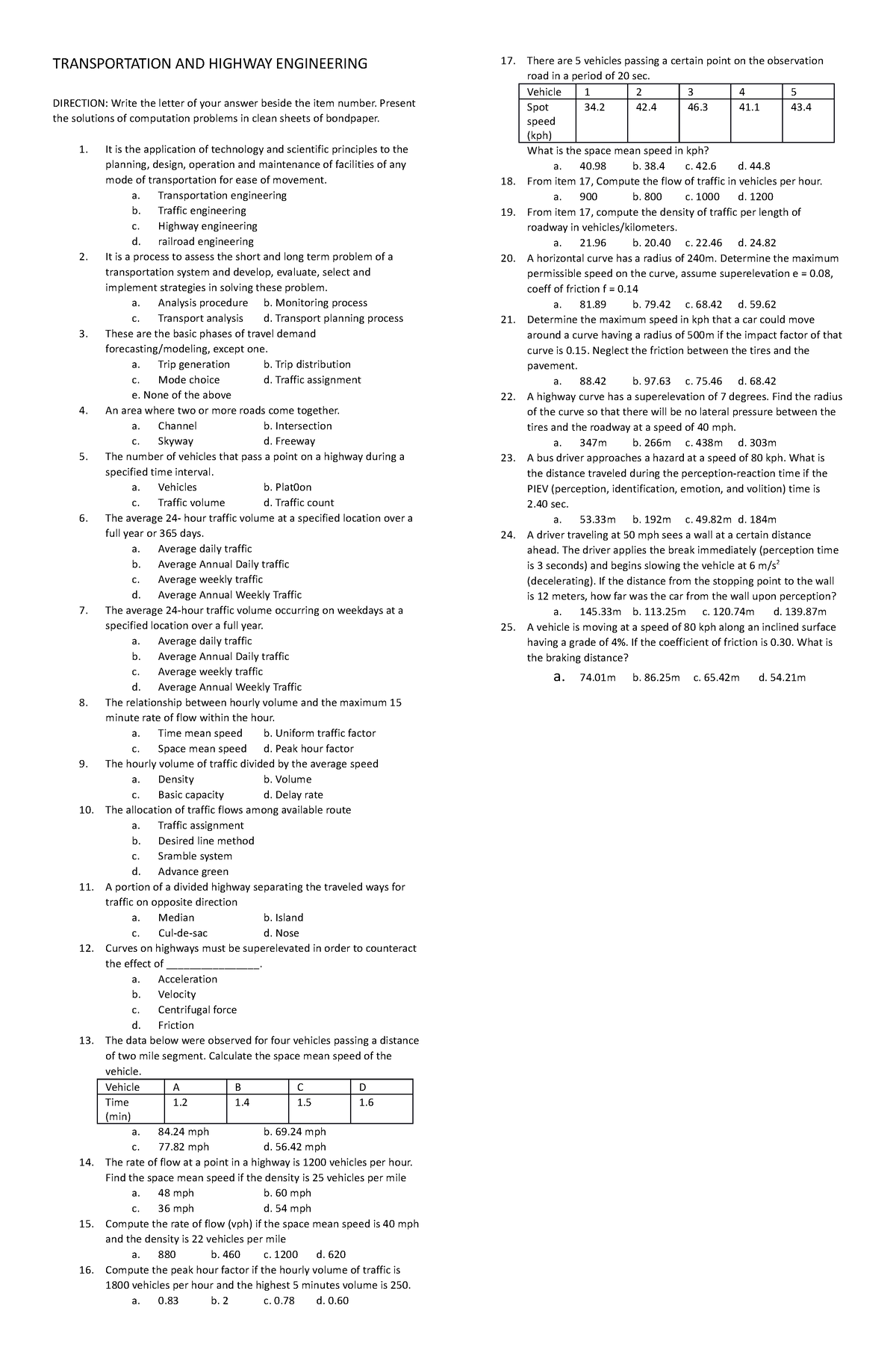 Problem Set 2 Transportation Engineering - TRANSPORTATION AND HIGHWAY ...