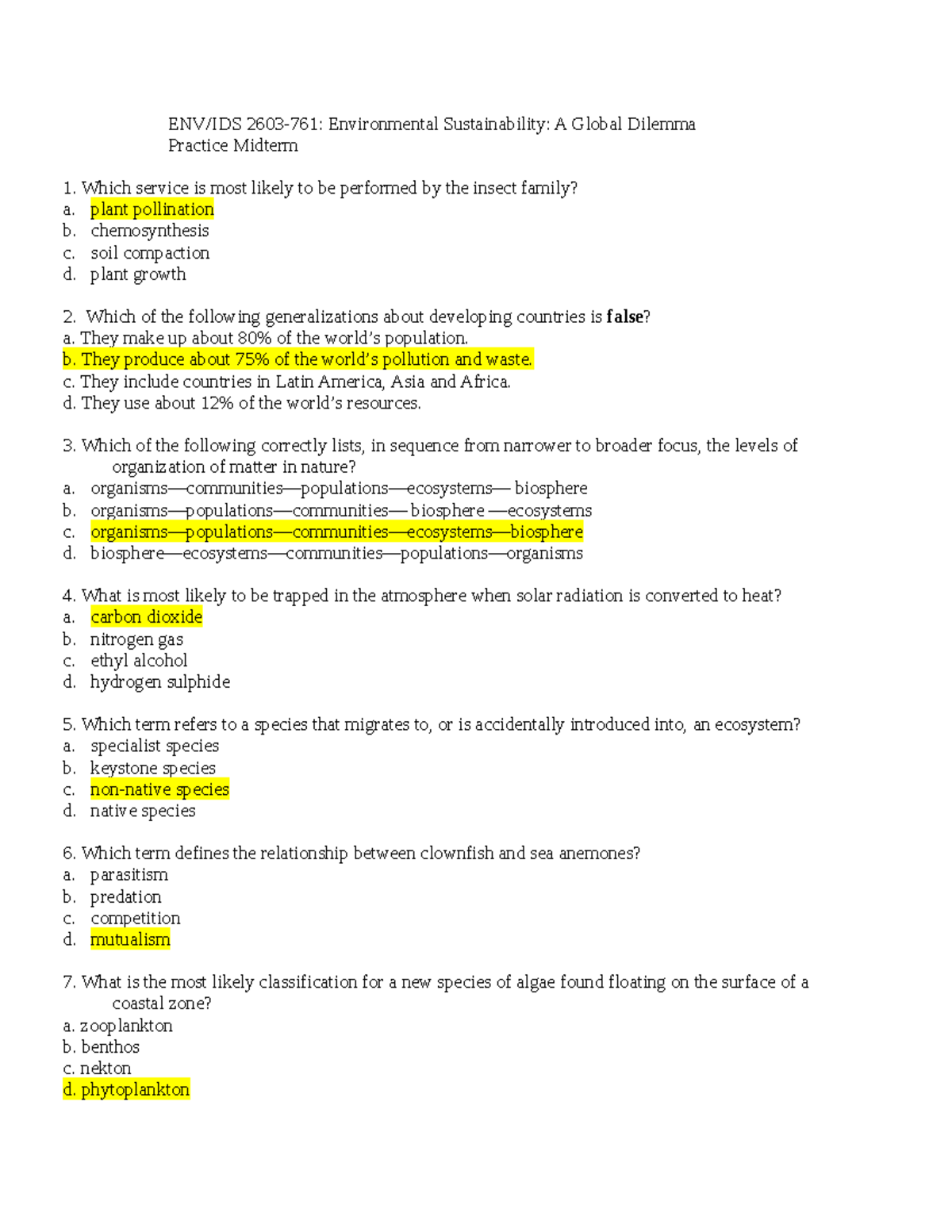 Midterm 15 November 2018, questions and answers - Environmental ...