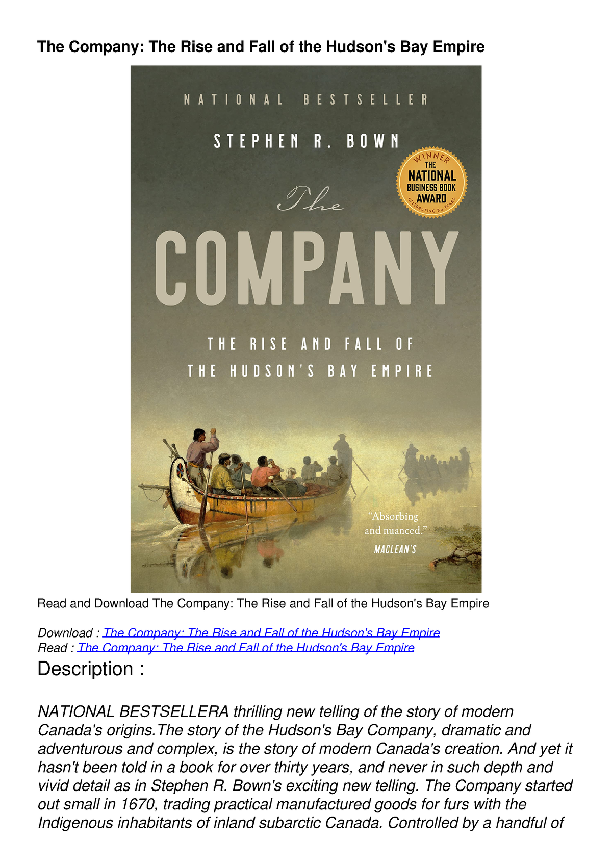 DOWNLOAD/PDF The Company: The Rise And Fall Of The Hudson's Bay Empire ...