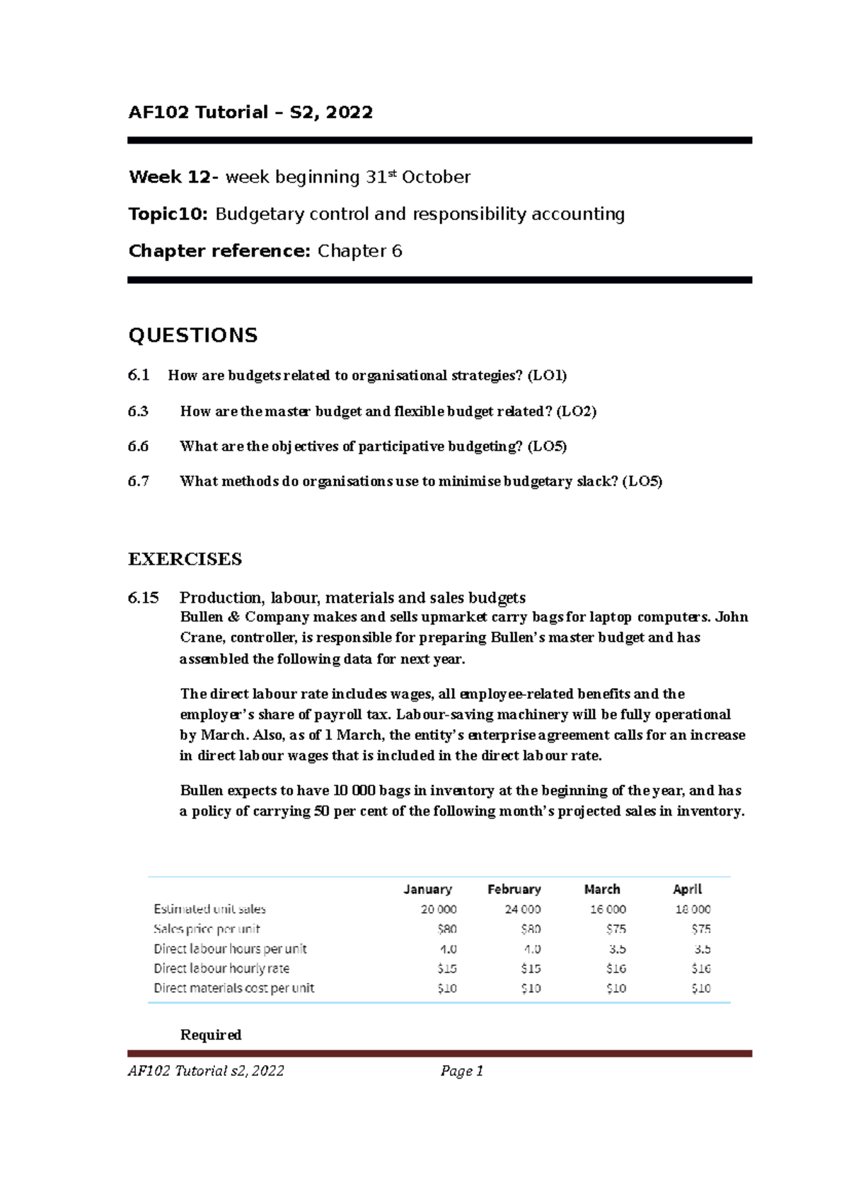 Topic 10 Tutorial Questions Chapter 6 Af102 Tutorial S2 2022