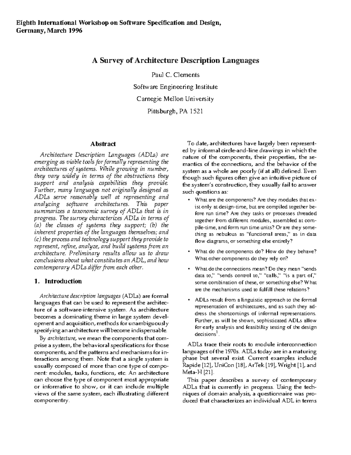 ADLs la misma Abstract Architecture Description Languages (ADLs