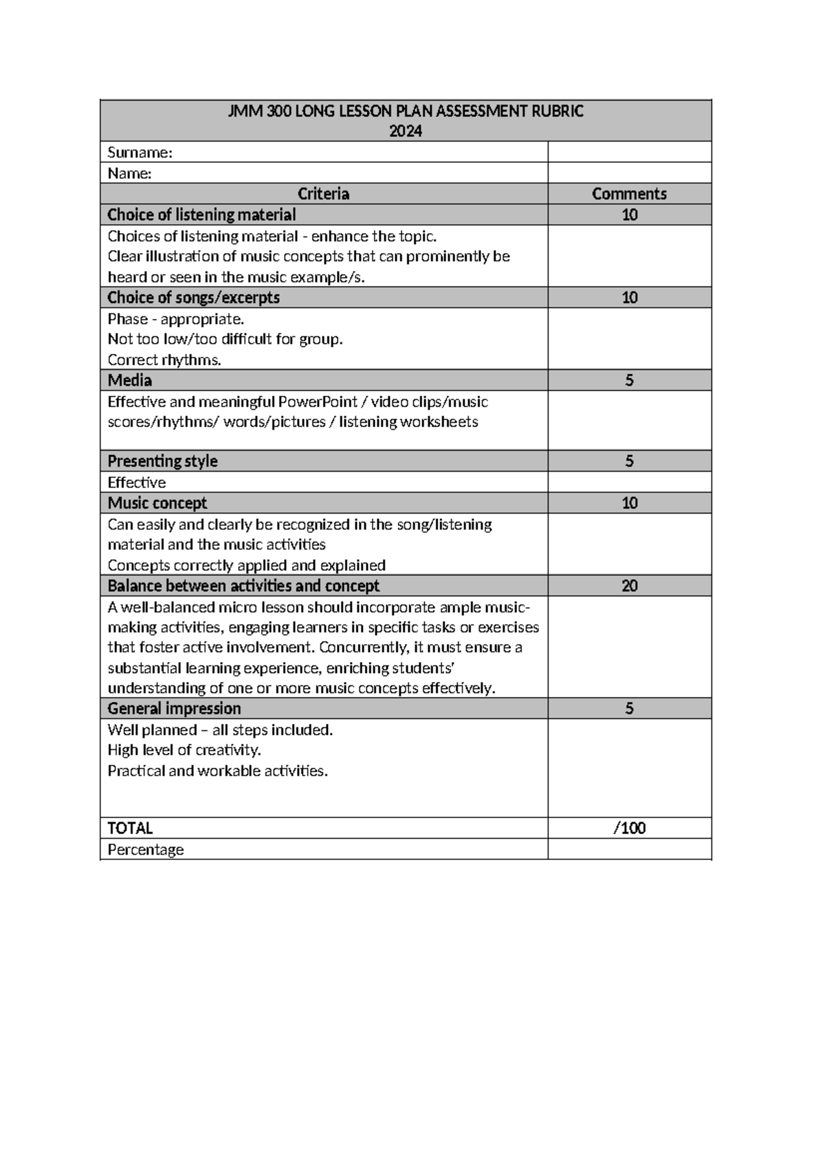 Music lesson teaching rubric - JMM 300 LONG LESSON PLAN ASSESSMENT ...