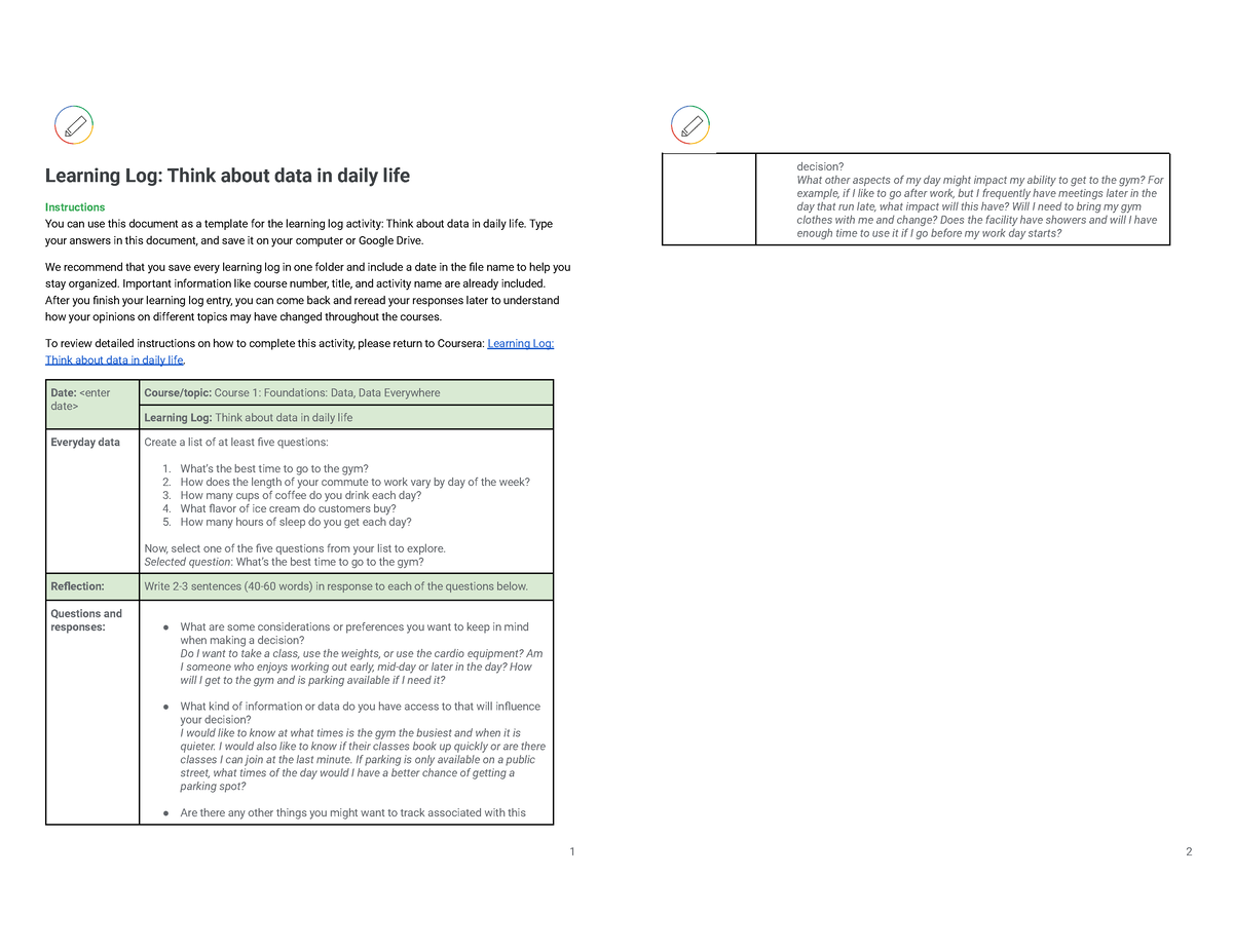 Example.learning Log Template Think About Data In Daily Life - Learning 