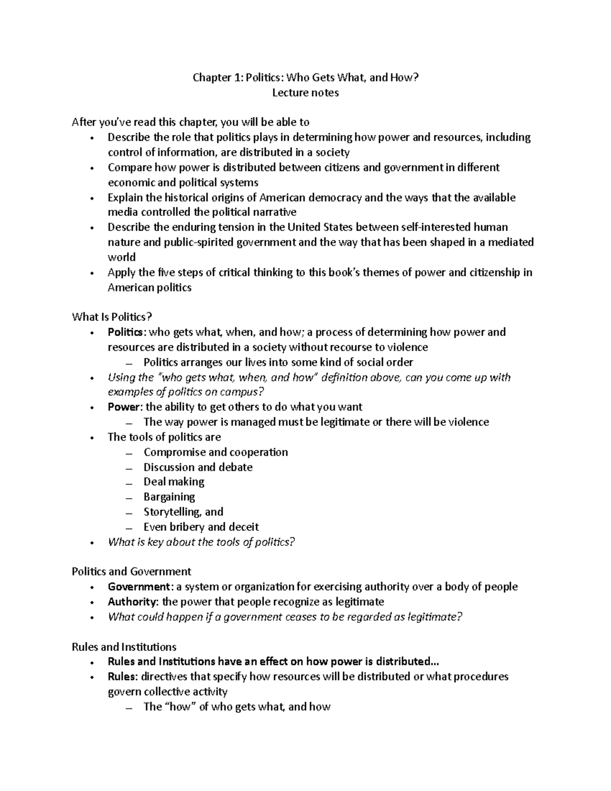 Chapter 1 lecture notes - Chapter 1: Poli/cs: Who Gets What, and How ...