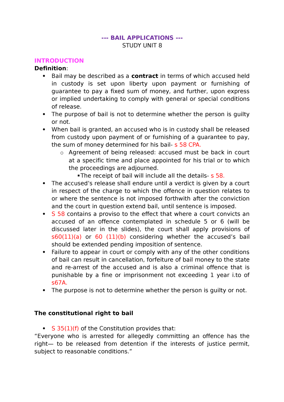 SPR Bail Notes - BAIL APPLICATIONS - STUDY UNIT 8 INTRODUCTION ...