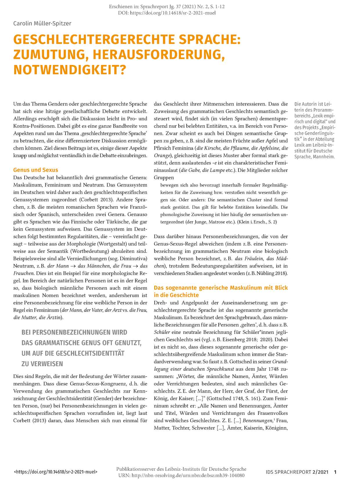 Geschlechtergerechte Sprache - IDS SPRACHREPORT 2/2021 1 Um Das Thema ...