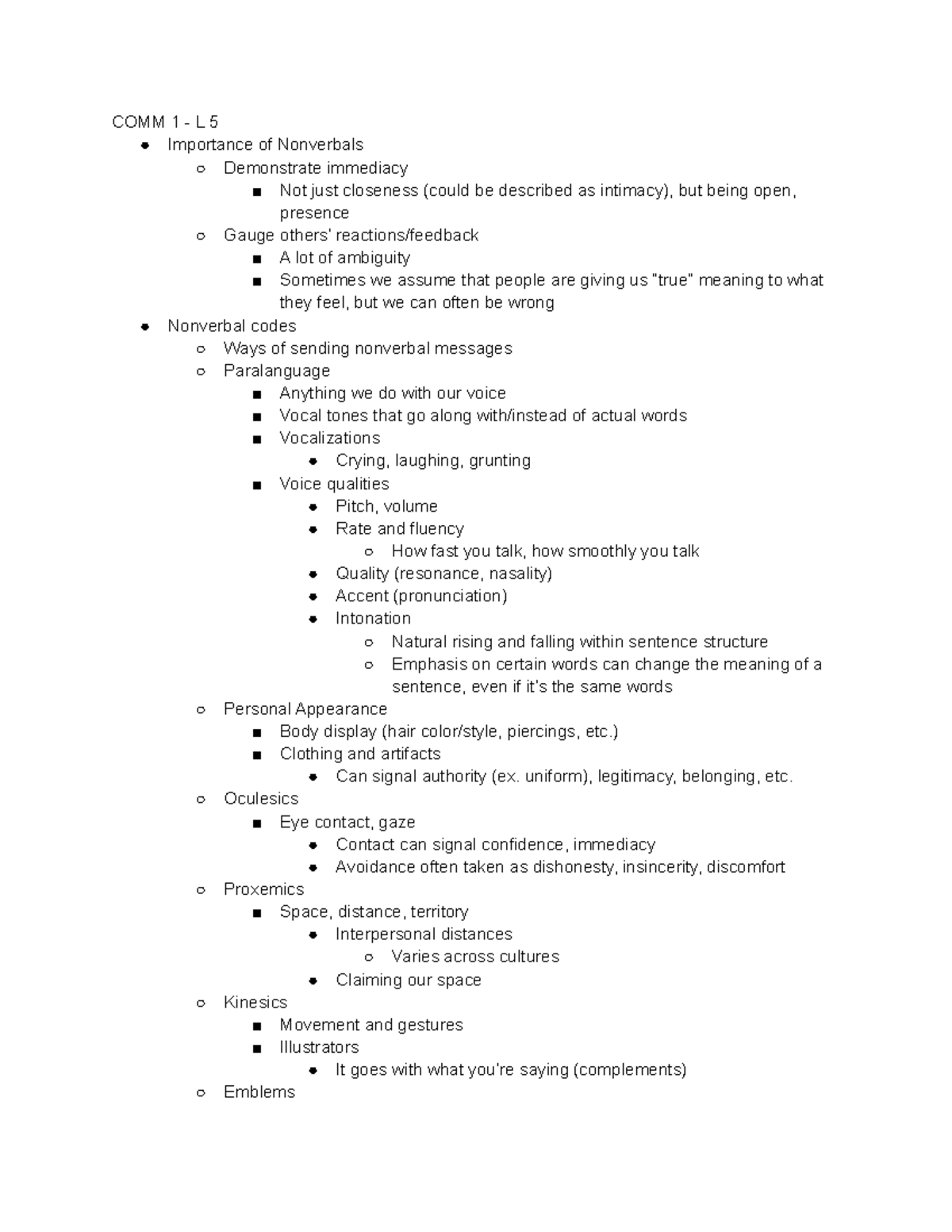 COMM 1 - L 5 - Professor Mullin - COMM 1 - L 5 Importance of Nonverbals ...
