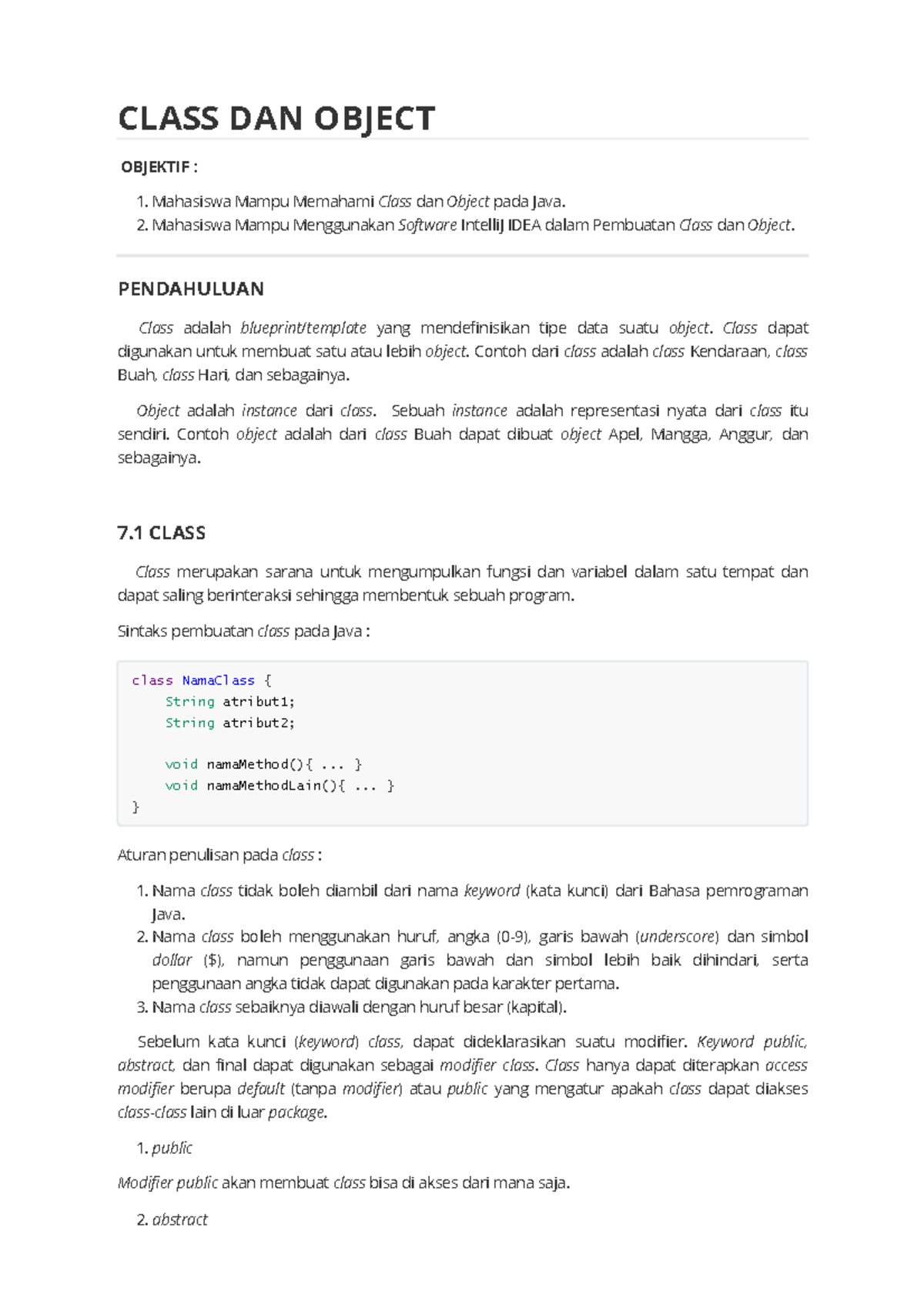Topik 7. Class DAN Object - CLASS DAN OBJECT OBJEKTIF : 1. Mahasiswa ...
