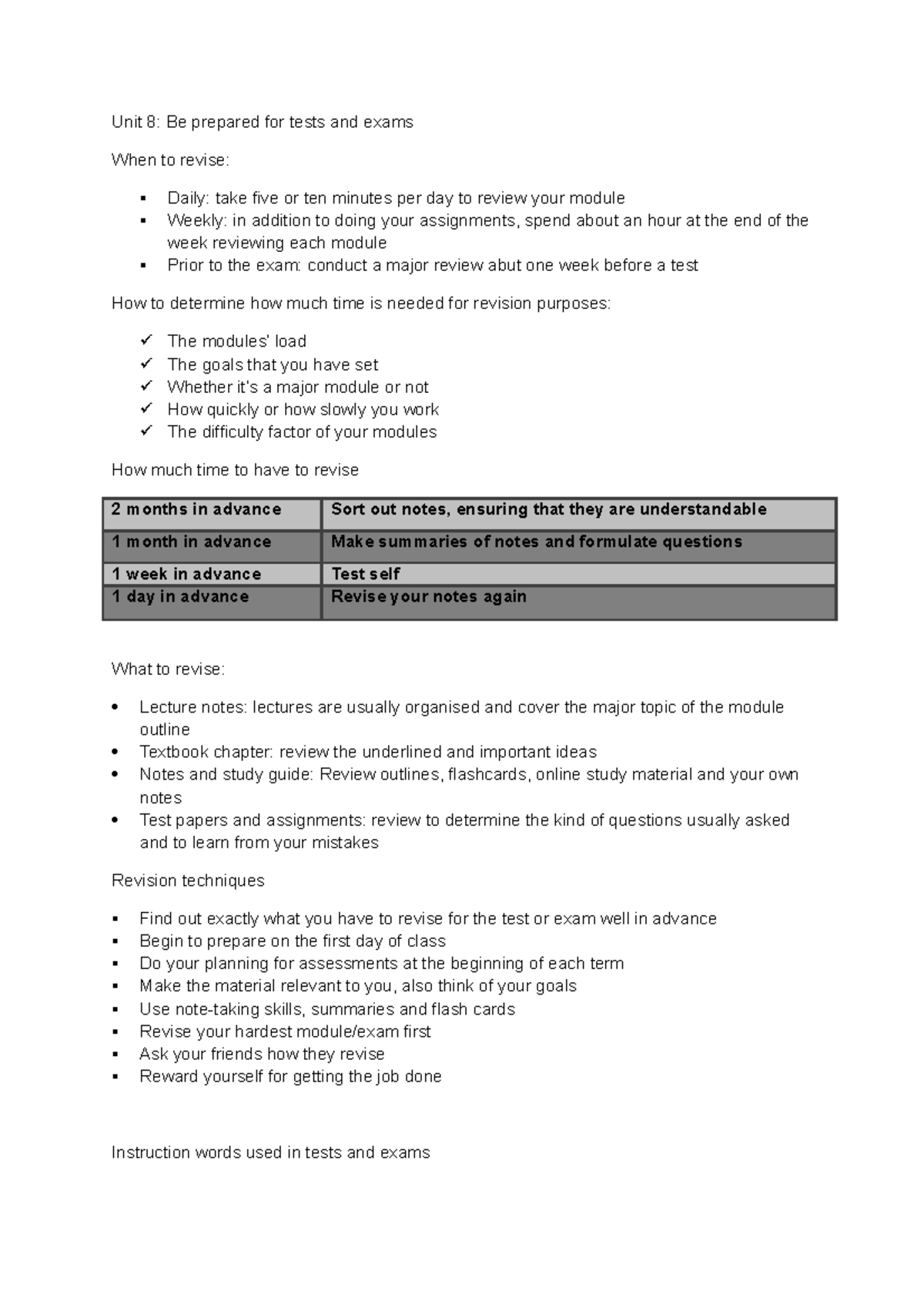First semester Unit 8 - Lecture notes 8 - Unit 8: Be prepared for tests ...
