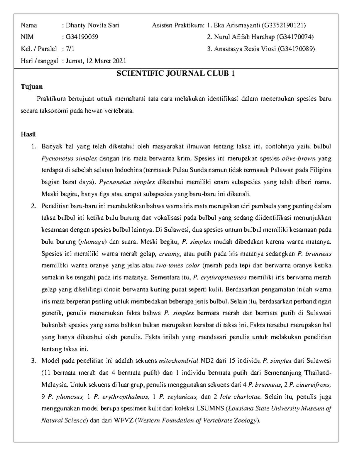 Scientific Journal Club 1 Nama Dhanty Novita Sari Asisten Praktikum