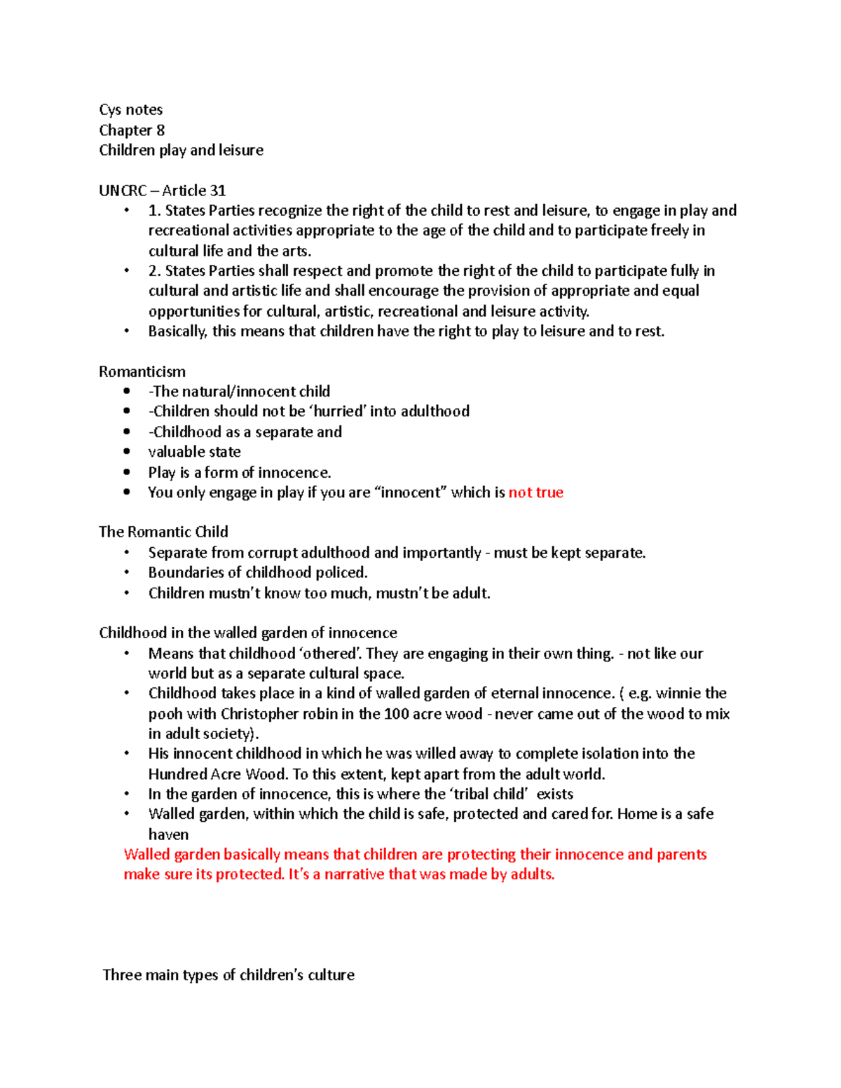 Cys chapter 7 notes - Cys notes Chapter 8 Children play and leisure ...