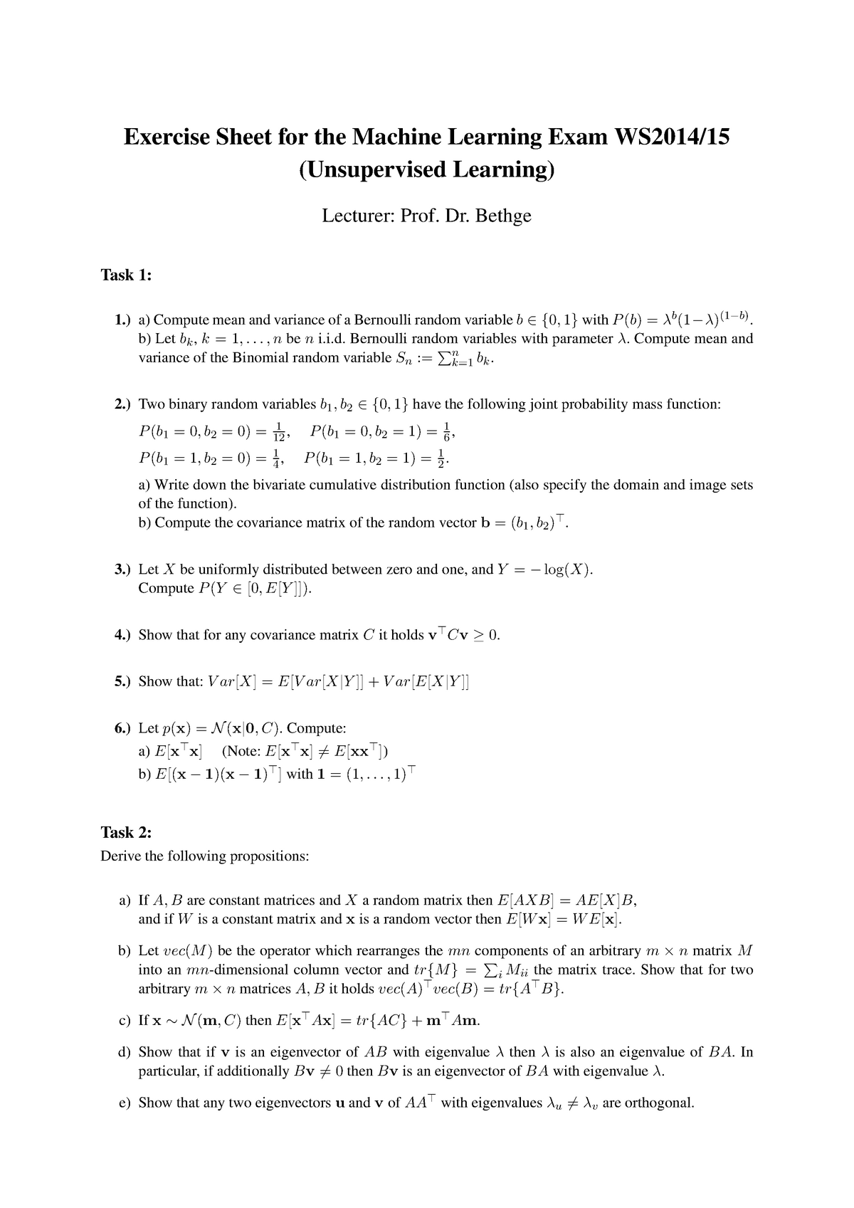 Ml Bethge Prep Exam 14 Machine I Exercise Sheet For The Machine Learning Exam Ws14 Unsupervised Learning Lecturer Prof Dr Bethge Task Compute Mean And Studocu