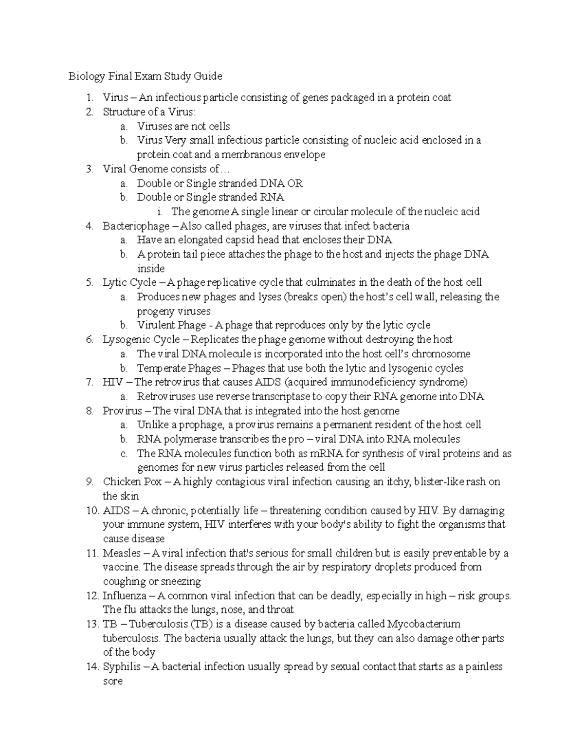 Biology Final Exam Study Guide - Biology Final Exam Study Guide Virus ...