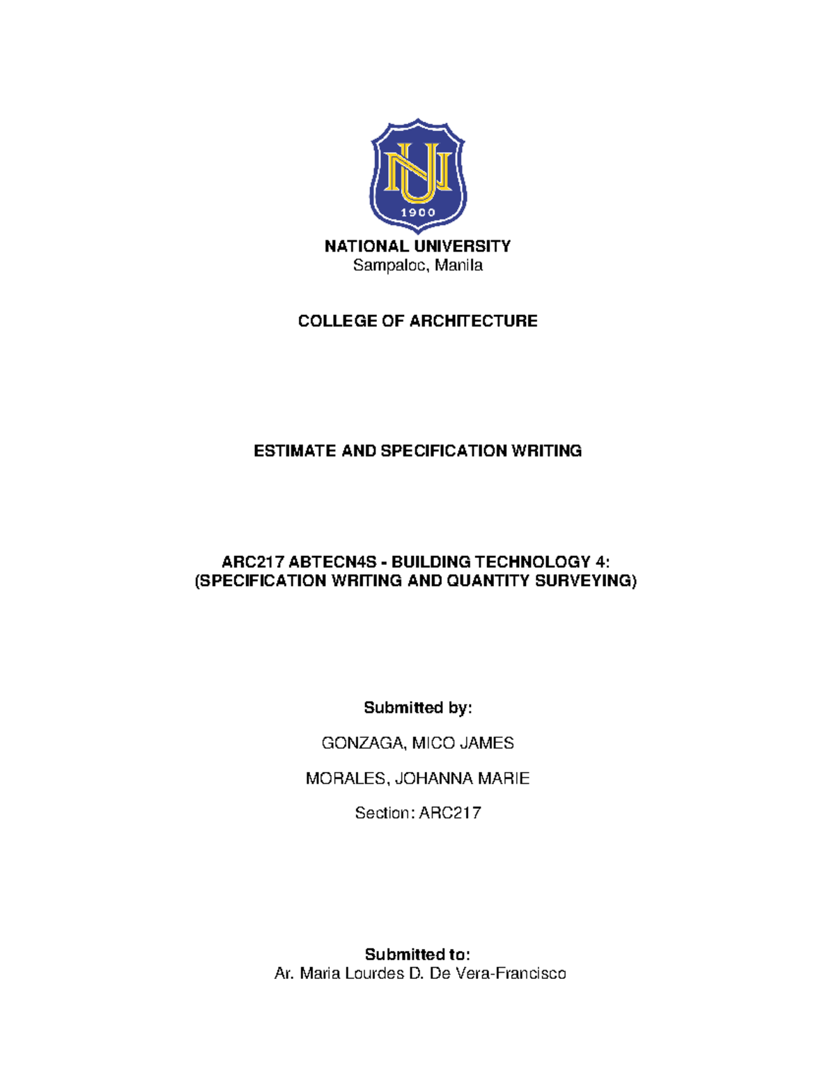 DIV-1-16- Specifications - NATIONAL UNIVERSITY Sampaloc, Manila COLLEGE ...