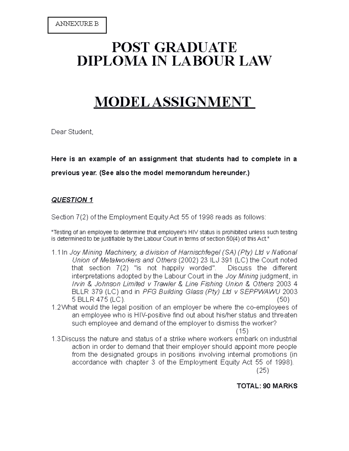 Annexure B Pgdll Model Assignment POST GRADUATE DIPLOMA IN LABOUR LAW