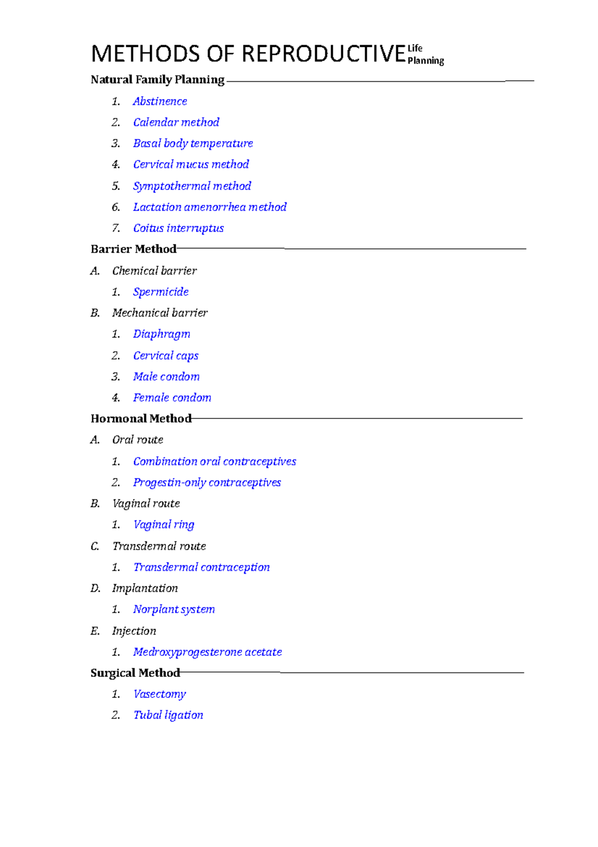 Natural Family Planning METHODS OF REPRODUCTIVE Natural Family