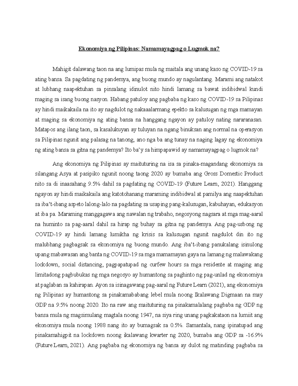 Midterm Manuscript - Ekonomiya ng Pilipinas: Namamayagpag o Lugmok na ...
