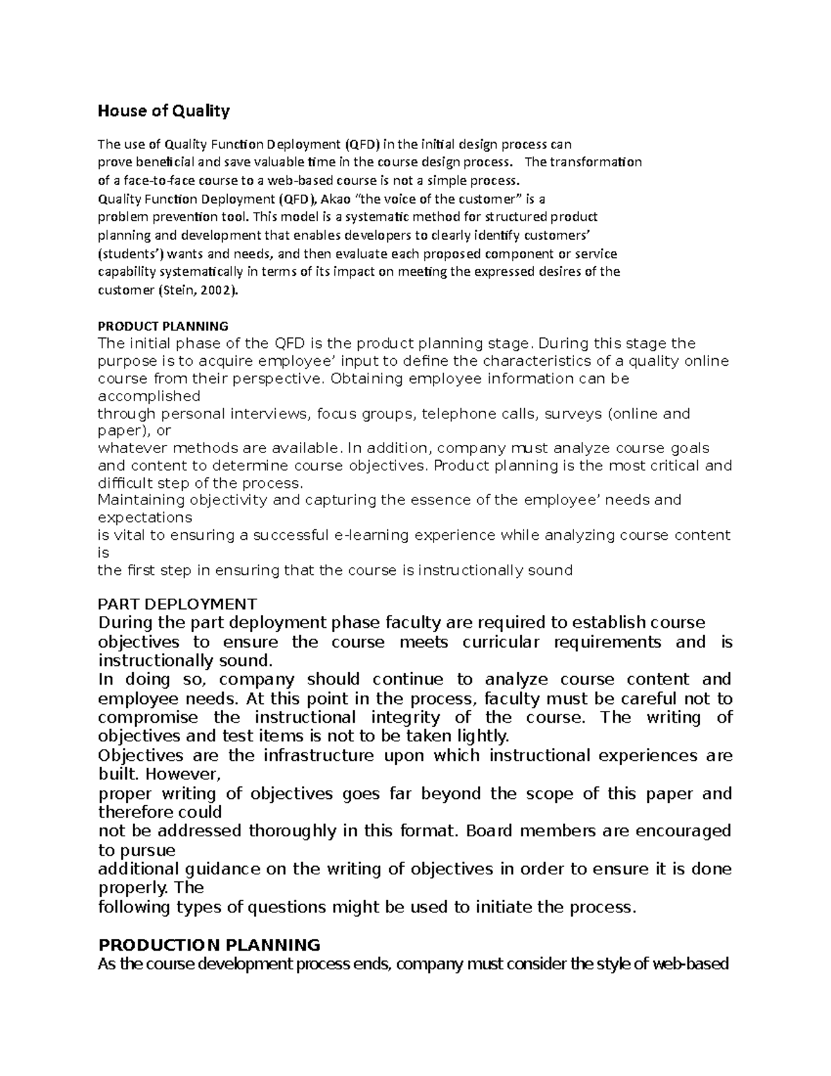 Explanantion of E Learning - House of Quality The use of Quality ...