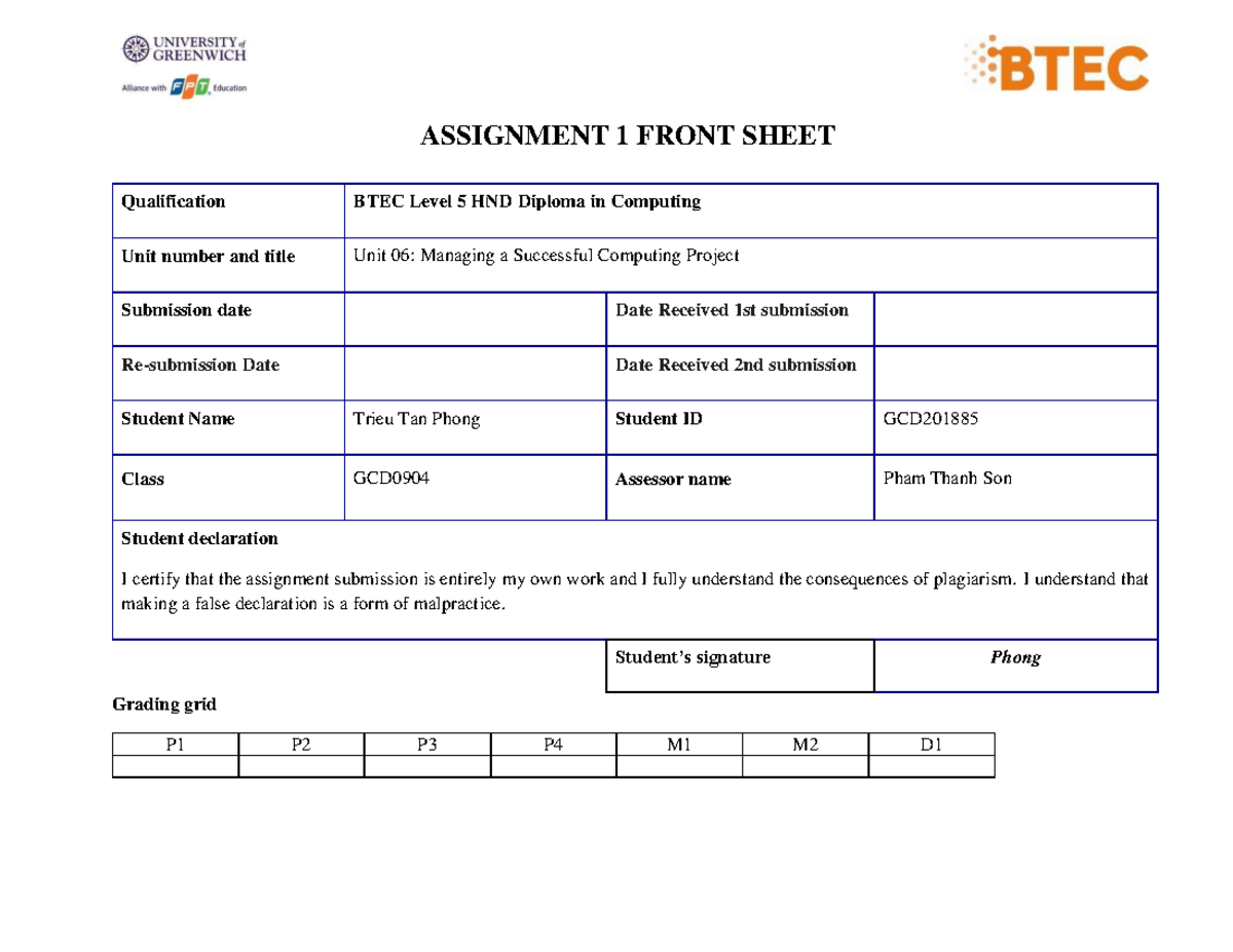 Unit 06 - Assignment 1 frontsheet (1) - ASSIGNMENT 1 FRONT SHEET ...