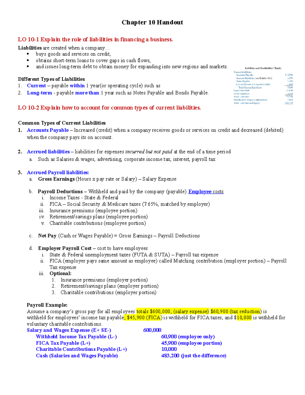 Chapter 10 Handout - Chapter 10 Handout LO 10-1 Explain The Role Of ...