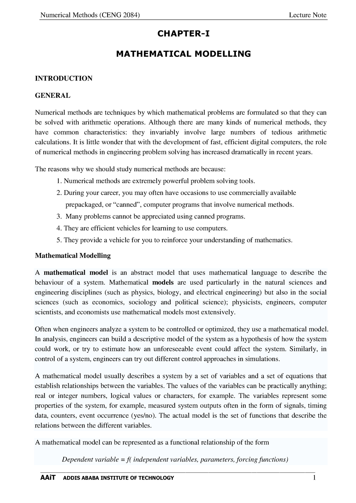 Chapter 1 Mathematical Modeling - INTRODUCTION GENERAL Numerical ...