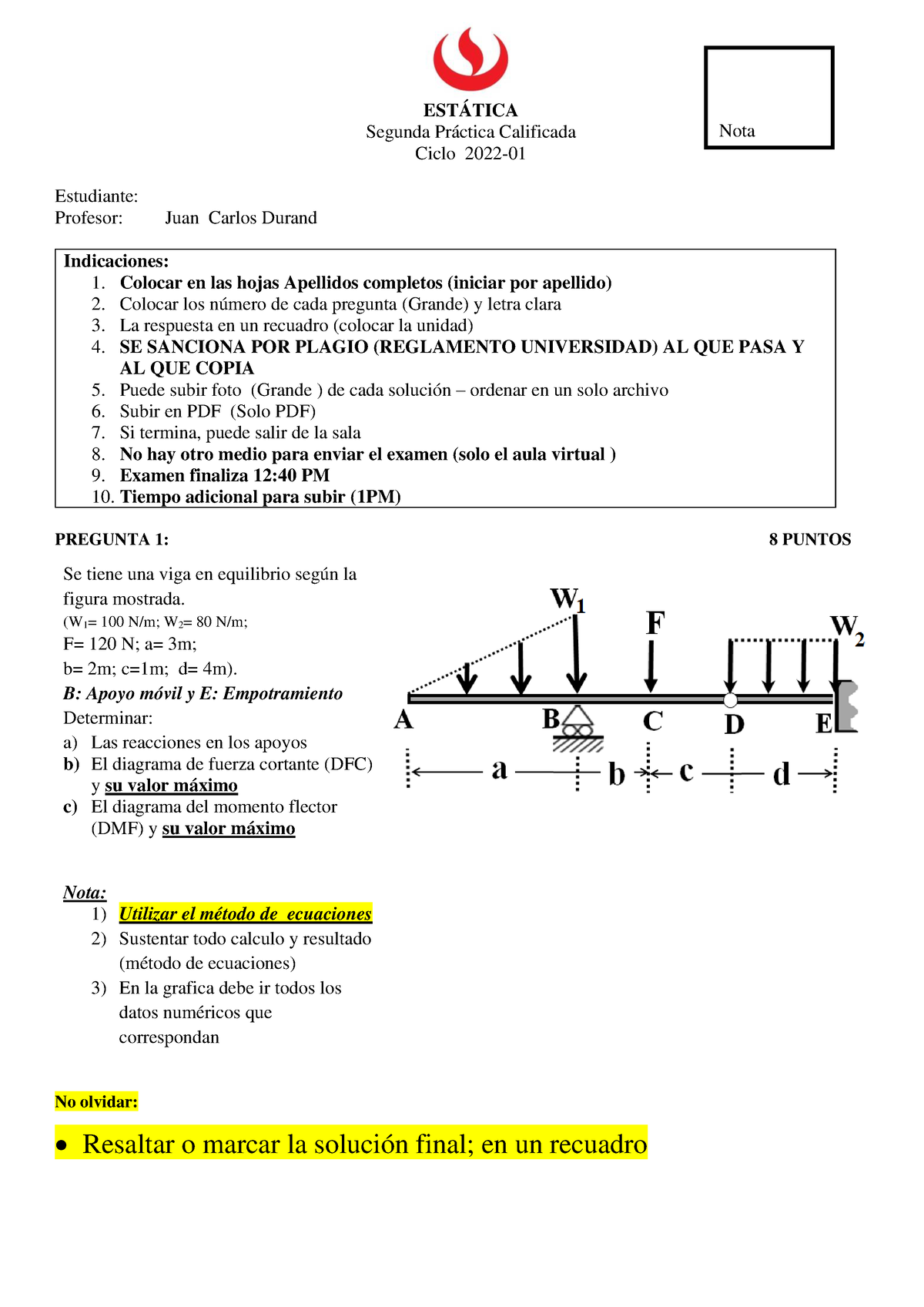 PC2 - Estatica UPC -M2 - Pc2 - ESTÁTICA Segunda Práctica Calificada ...