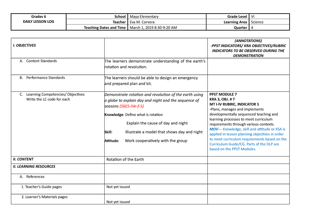 COT DLP Q4 Science 6 Earths Rotation EVA - Grades 6 DAILY LESSON LOG ...