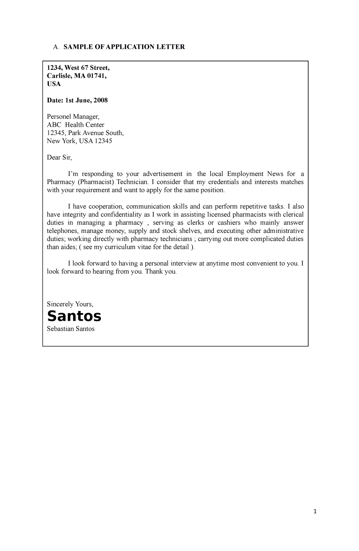 sample of application letter 2021