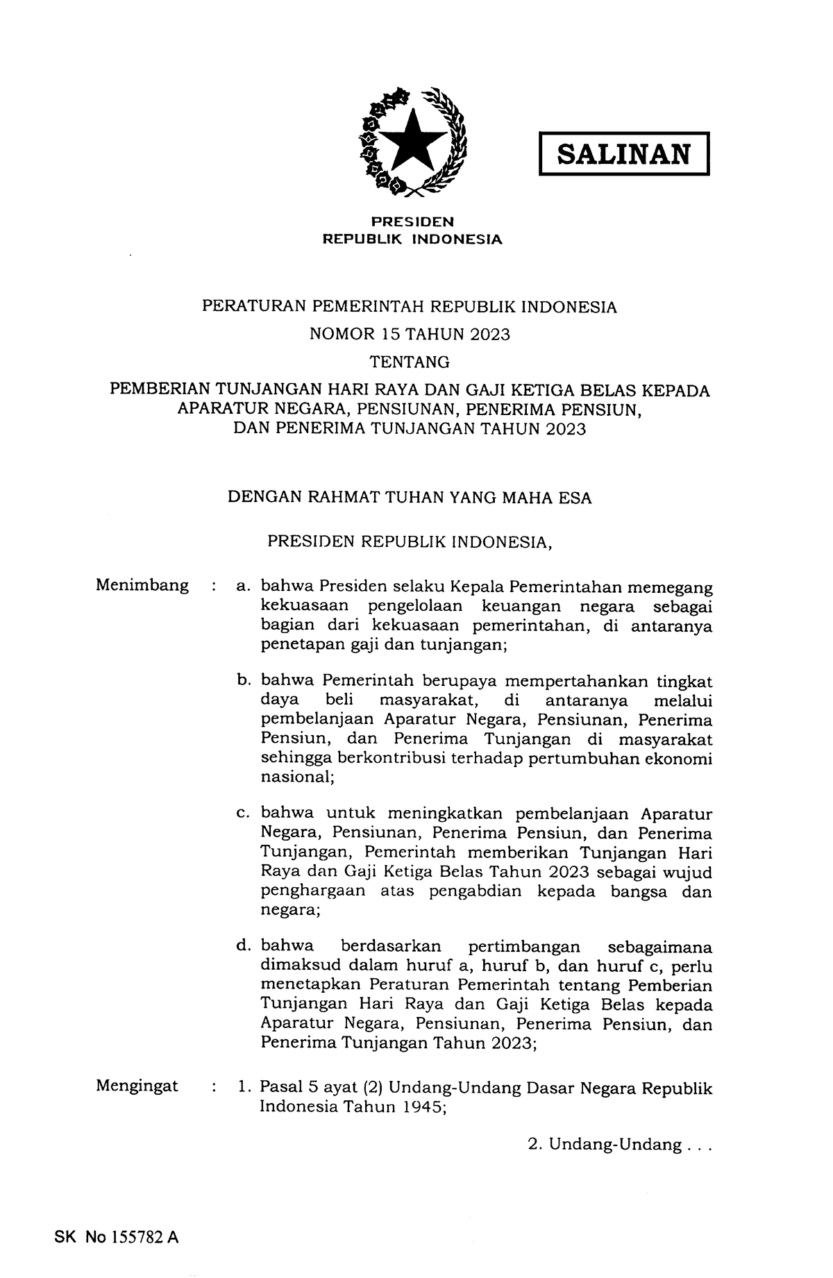 PP Nomor 15 Tahun 2023 - Mantap - SALINAN PRESIOEN REPUBLIK INDONESIA ...