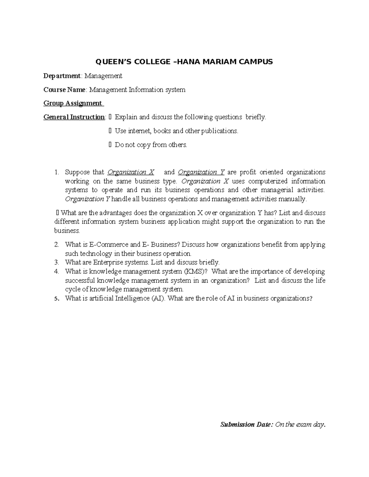 FIS Assiegmnet - Information system assignment - QUEEN’S COLLEGE –HANA ...
