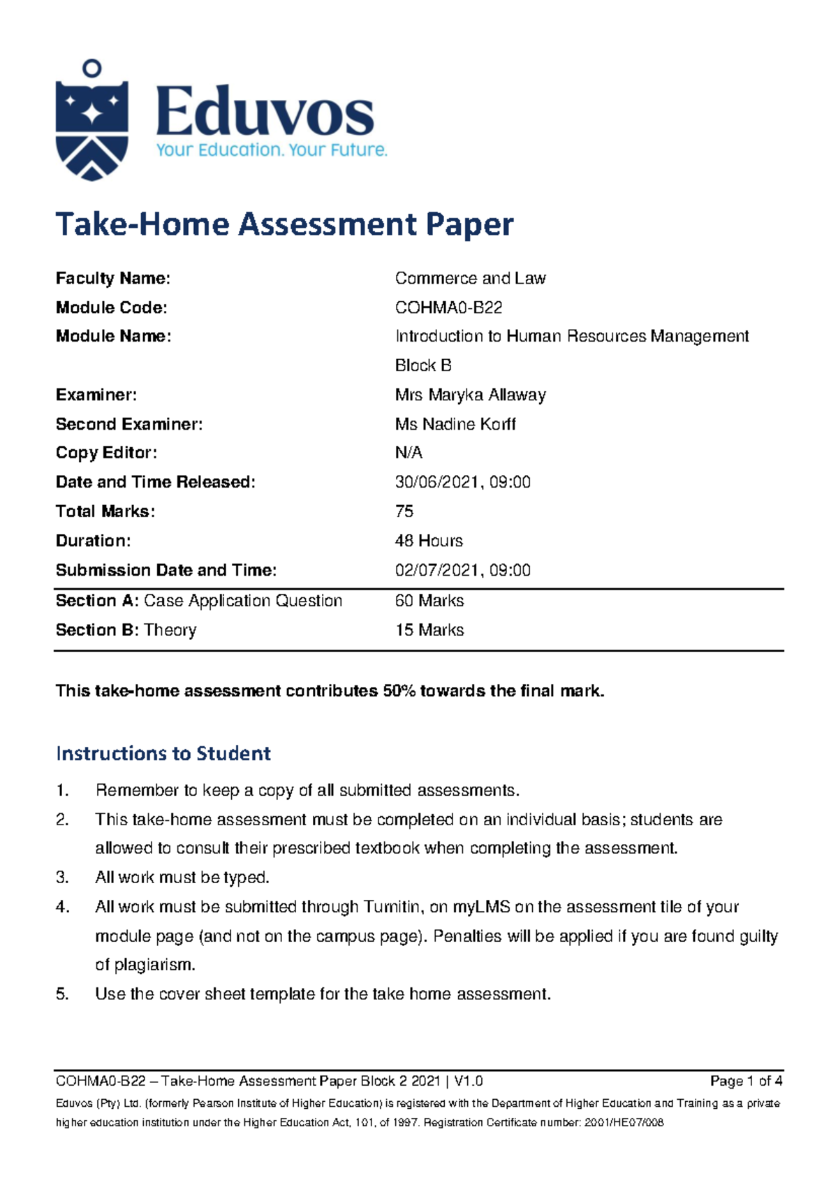 Cohma 0-B22 Take Home Assessment Paper B2 2021 mod - COHMA0-B22 – Take ...