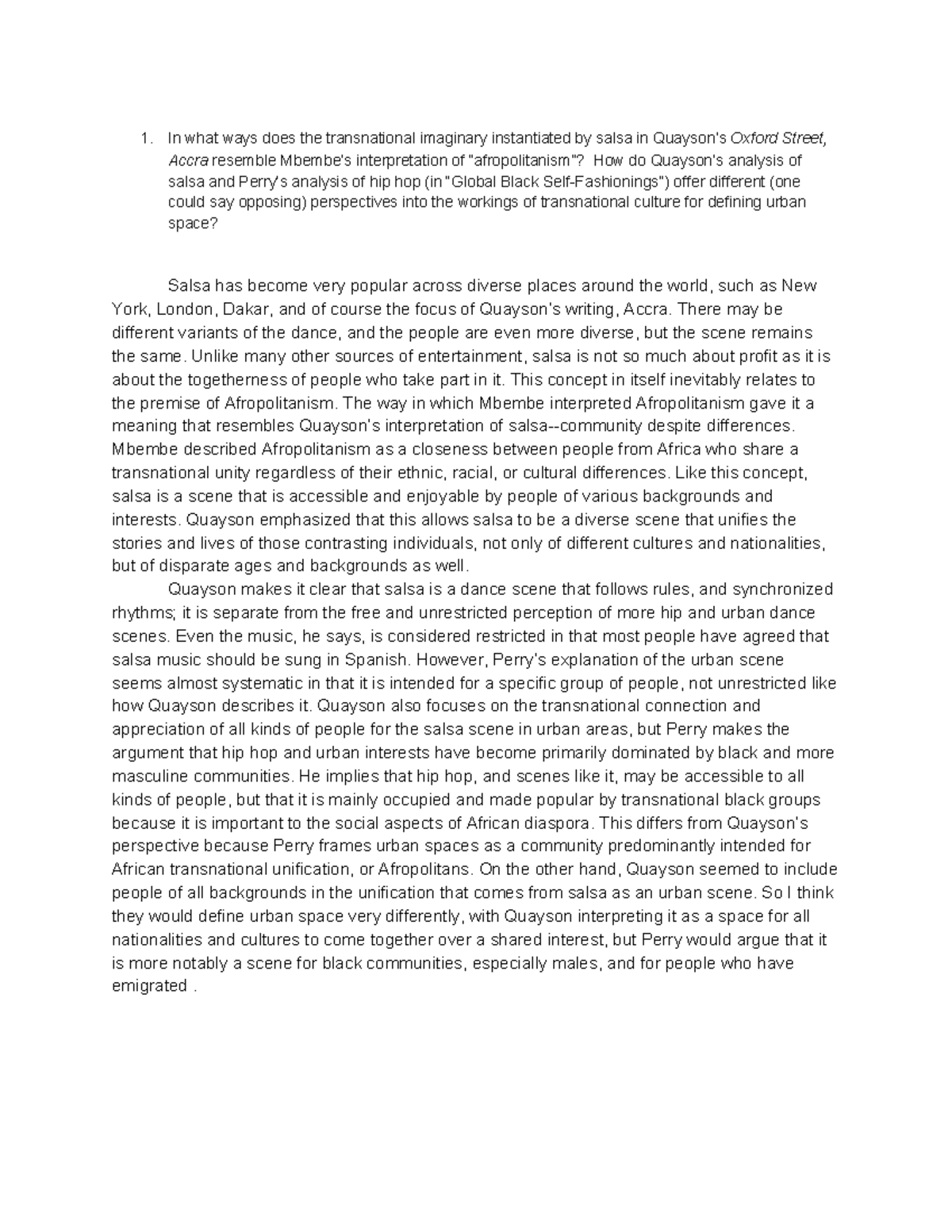 Week 2 Discussion - Interpretation of Salsa as Entertainment and Racial ...