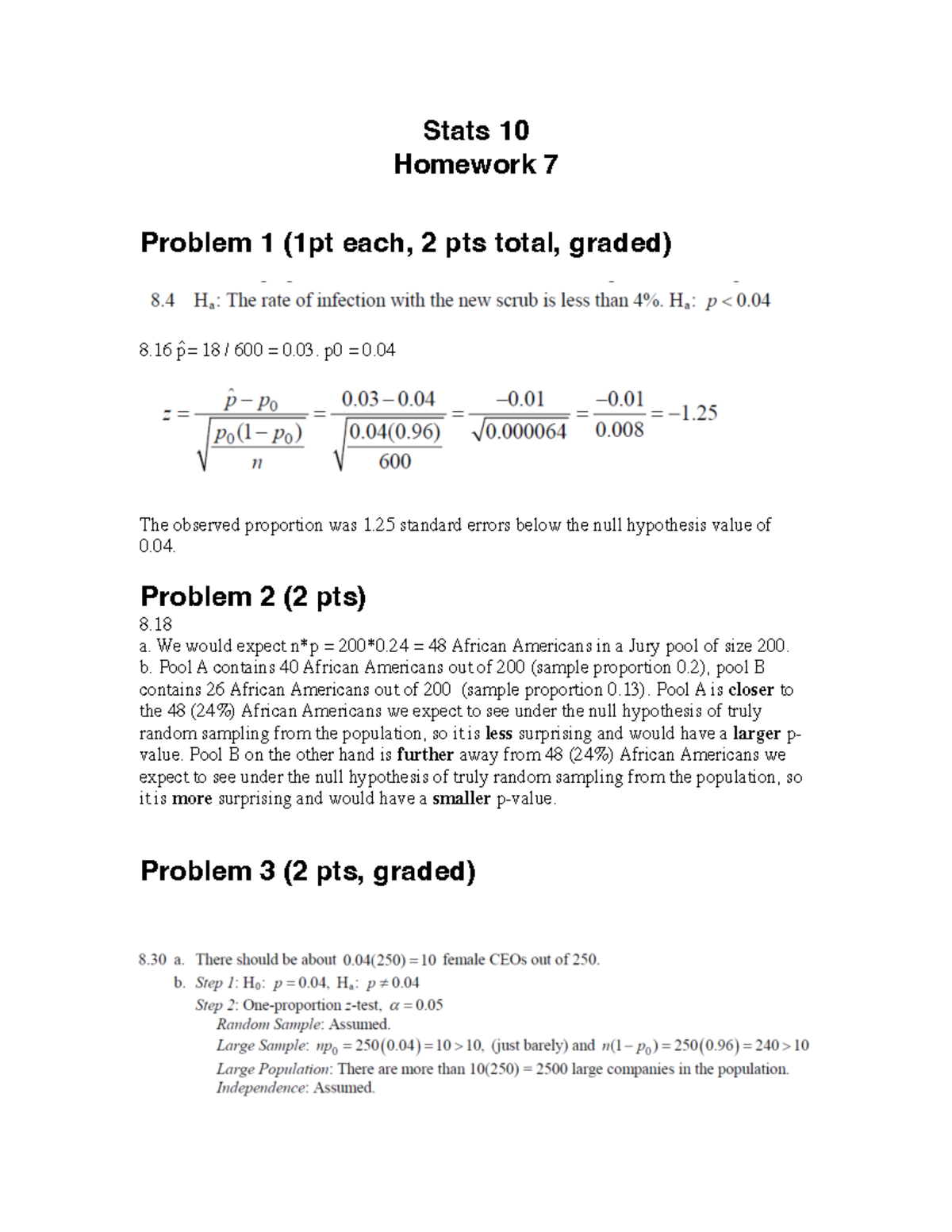 Stats 10 Homework 7 solution - Stats 10 Homework 7 Problem 1 (1pt each ...