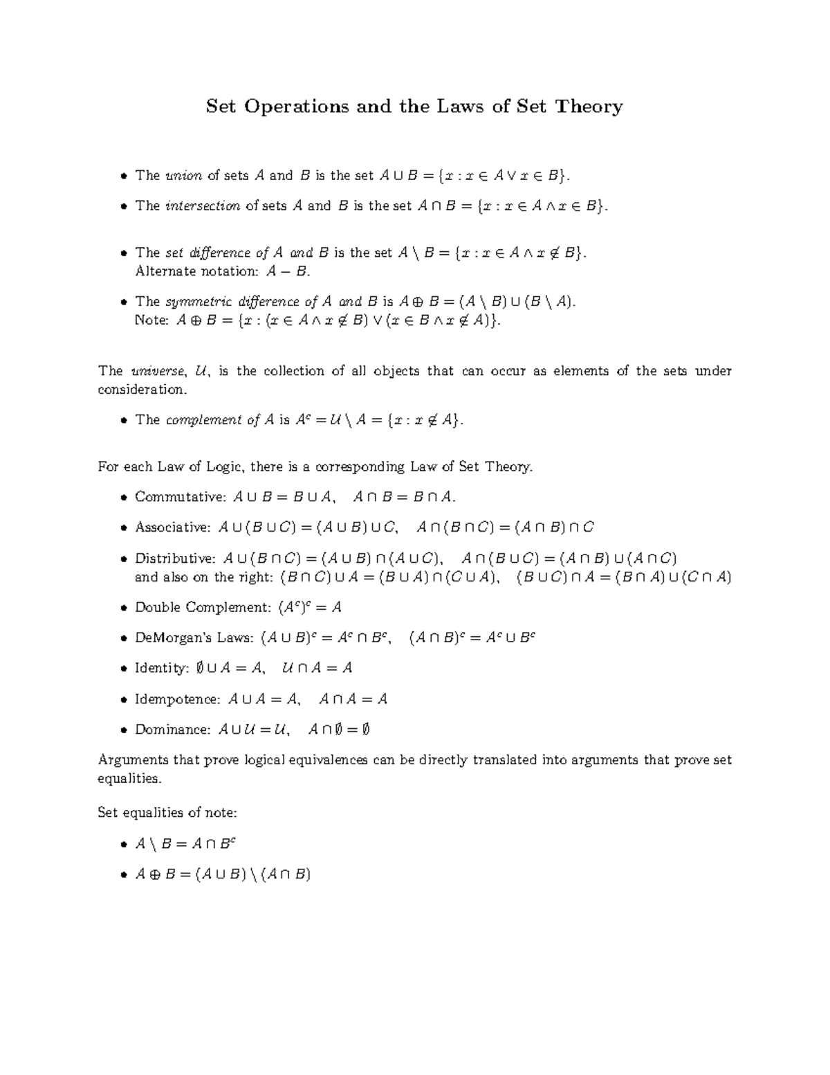 Laws Of Set Theory - Notes - Set Operations and the Laws of Set Theory ...