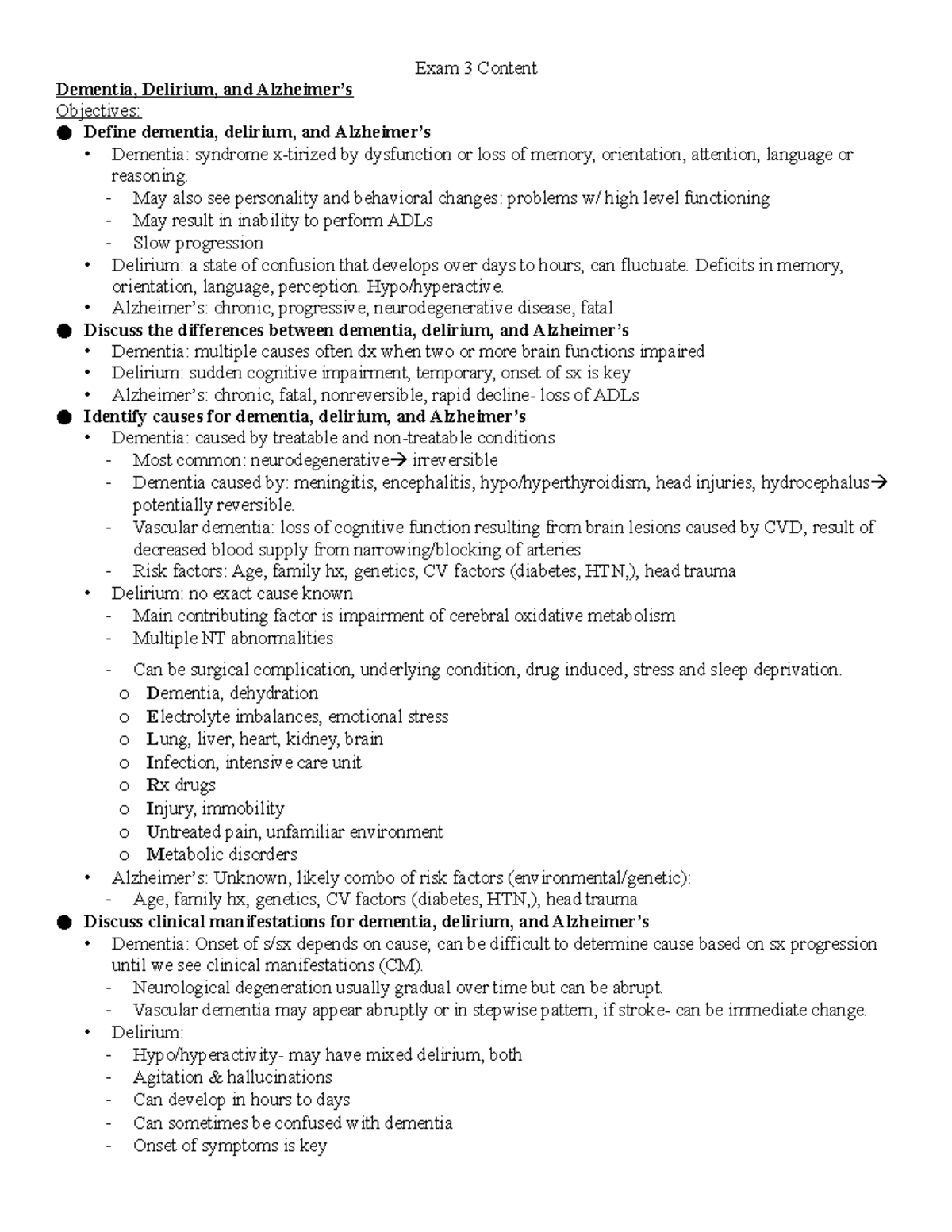 Exam 3 Study Guide - Exam 3 Content Dementia, Delirium, and Alzheimer’s ...