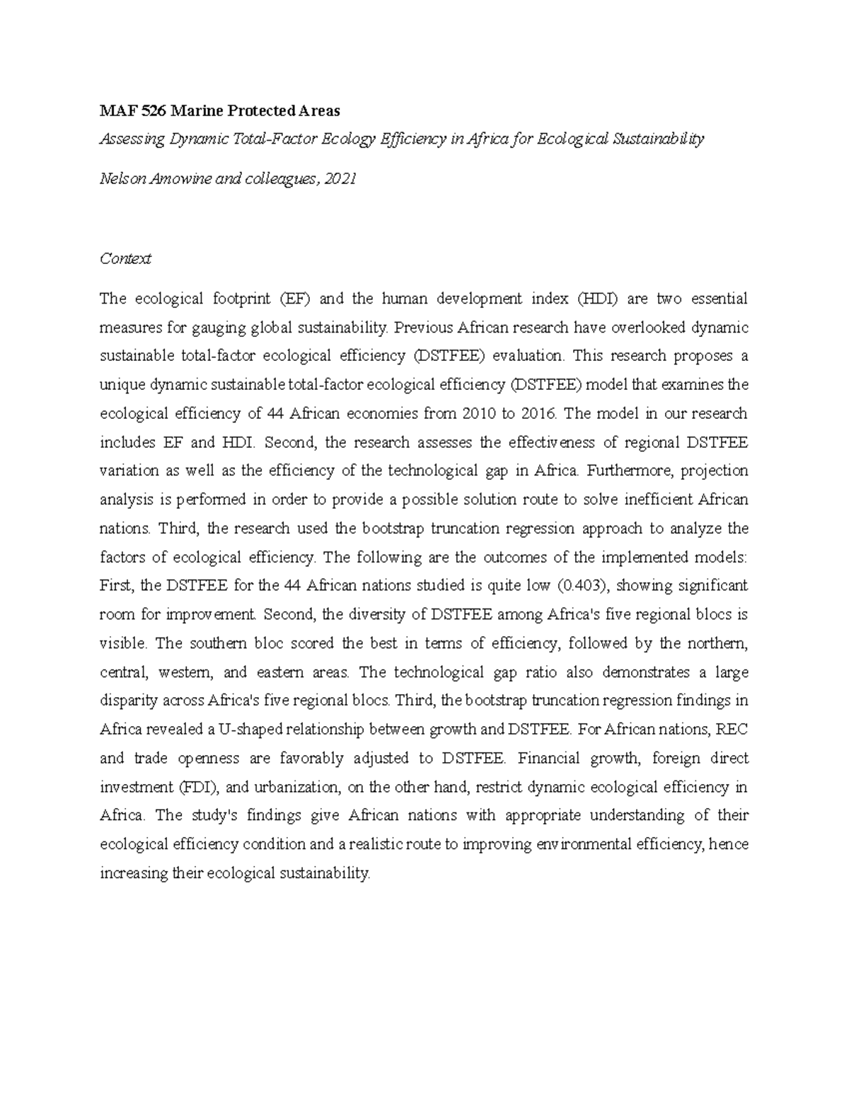 Summary c example of summarizing the course. MAF 526 Marine